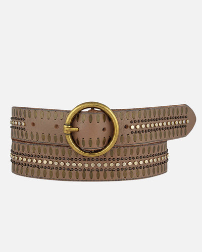 Amsterdam Heritage - Soraya Studded Leather Belt with Gold Round Buckle - Taupe