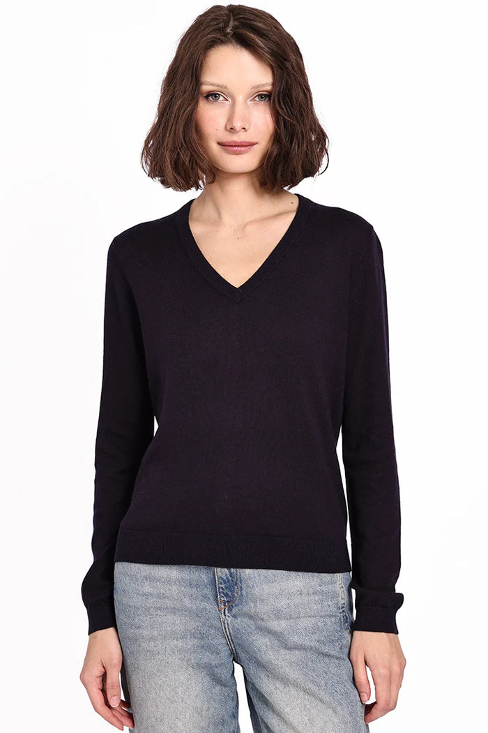 Minnie Rose - Supima Cotton Long Sleeve V Neck Long Sleeve - Black