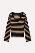 Load image into Gallery viewer, Minnie Rose Supima Cotton Cashmere Striped V Neck - Desert Sand/ Black