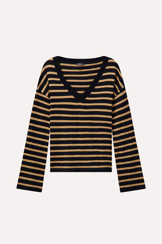 Minnie Rose Supima Cotton Cashmere Striped V Neck - Desert Sand/ Black