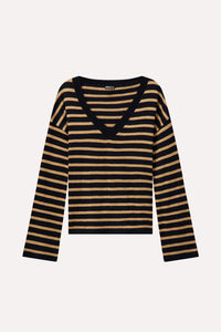 Minnie Rose Supima Cotton Cashmere Striped V Neck - Desert Sand/ Black