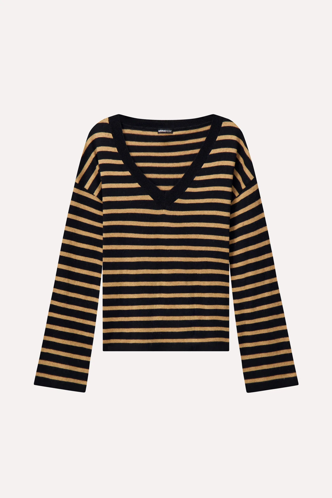 Minnie Rose Supima Cotton Cashmere Striped V Neck - Desert Sand/ Black