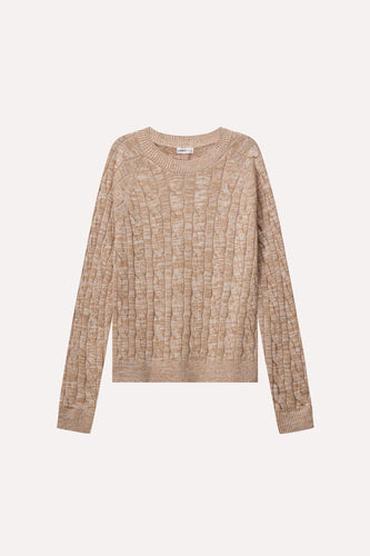 Minnie Rose Cotton Marled Cable Crew - Brown Sugar / White