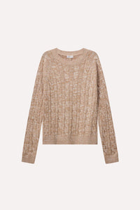 Minnie Rose Cotton Marled Cable Crew - Brown Sugar / White