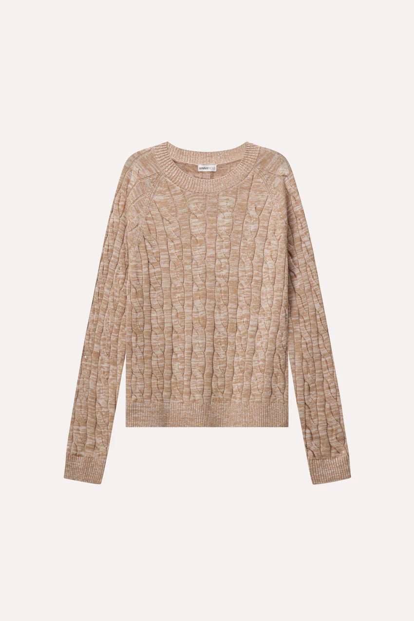 Minnie Rose Cotton Marled Cable Crew - Brown Sugar / White