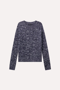Minnie Rose Cotton Marled Cable Crew Sweater - Navy / White