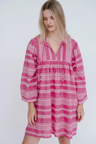 Felicite Apparel Puff Sleeve Maxi Dress in Neon Pink Stripe