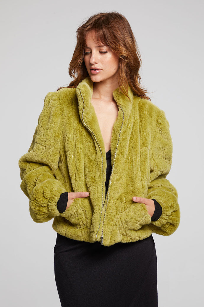 Chaser - Puff Sleeve Faux Fur Jacket - Green