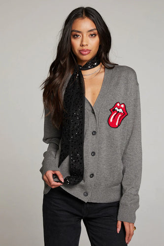 Chaser Rolling Stones Cardigan Logo Intarsia Knit Vibe - Charcoal