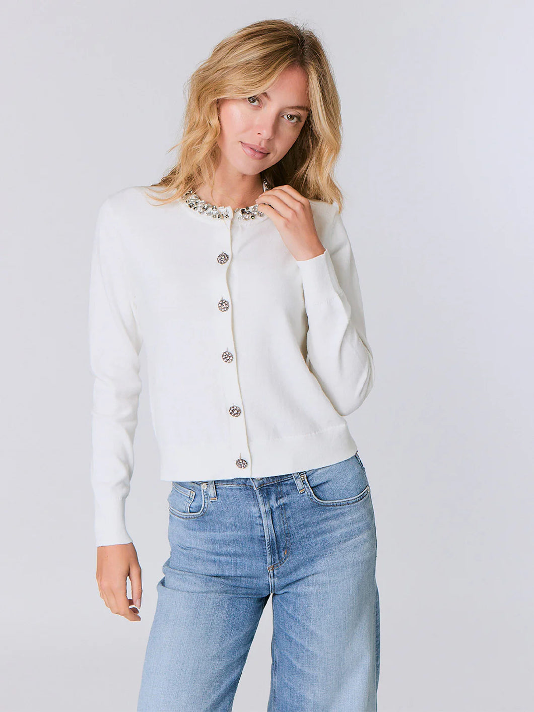 J Society - Cardi With Jewel Neck - Vanilla