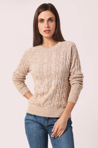 Minnie Rose Cotton Marled Cable Crew - Brown Sugar / White