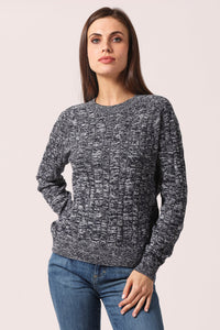 Minnie Rose Cotton Marled Cable Crew Sweater - Navy / White