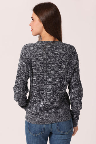 Minnie Rose Cotton Marled Cable Crew Sweater - Navy / White
