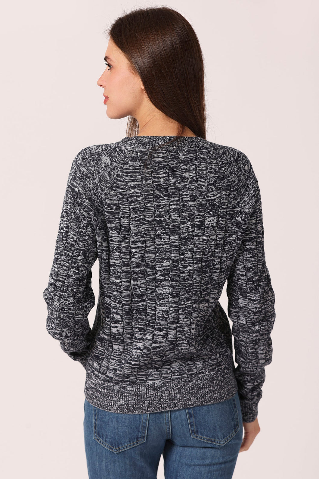 Minnie Rose Cotton Marled Cable Crew Sweater - Navy / White