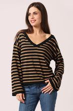 Load image into Gallery viewer, Minnie Rose Supima Cotton Cashmere Striped V Neck - Desert Sand/ Black