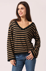 Minnie Rose Supima Cotton Cashmere Striped V Neck - Desert Sand/ Black