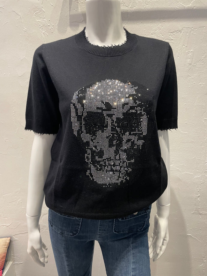 Minnie Rose Cotton Cashmere Frayed Tee with Skull Embellishment