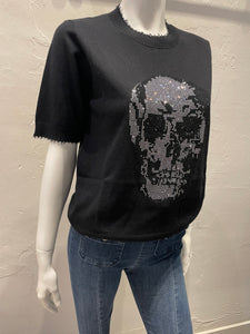 Minnie Rose Cotton Cashmere Frayed Tee with Skull Embellishment