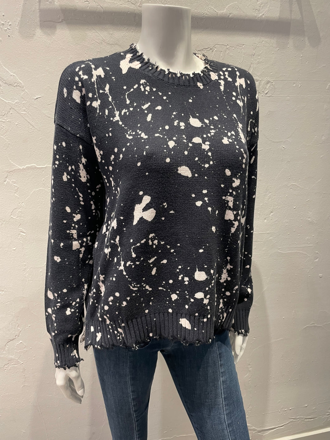 Minnie Rose Cotton Cashmere Paint Splatter Frayed Crew w/ Zipper
