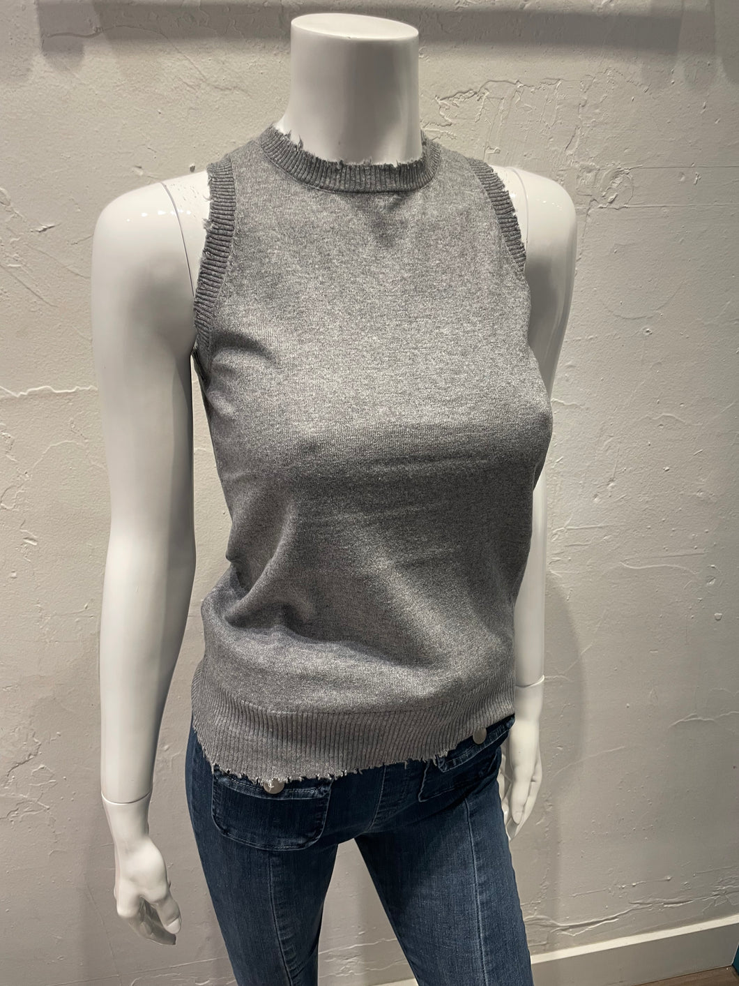 Minnie Rose - Cotton/Cashmere Frayed Tank in Grey Shadow