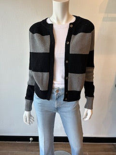 Minnie Rose - Shaker Rugby Stripe Cardigan - Black/Grey