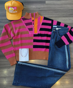 Wispr - Mixed Stripe Half Zip - Carmel