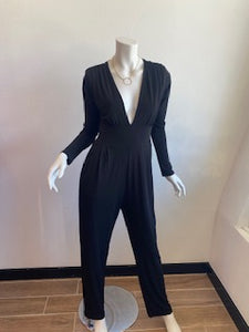 Veronica M- Long Sleeve Deep V-Neck Jumpsuit-Black