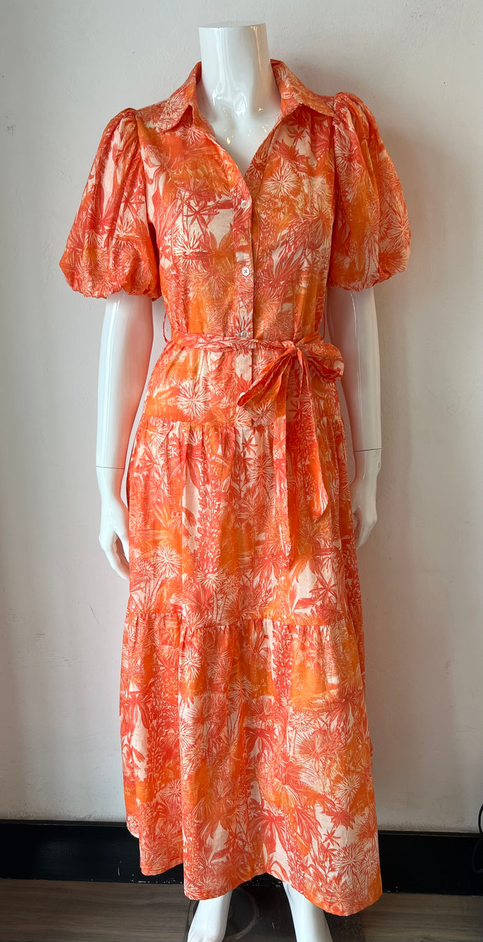 Pinch Print Button Down Maxi Dress- Orange Multi