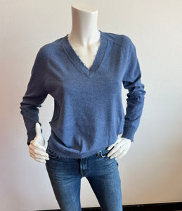 Minnie Rose - Cotton Cashmere Distressed V Neck - Harbour Blue