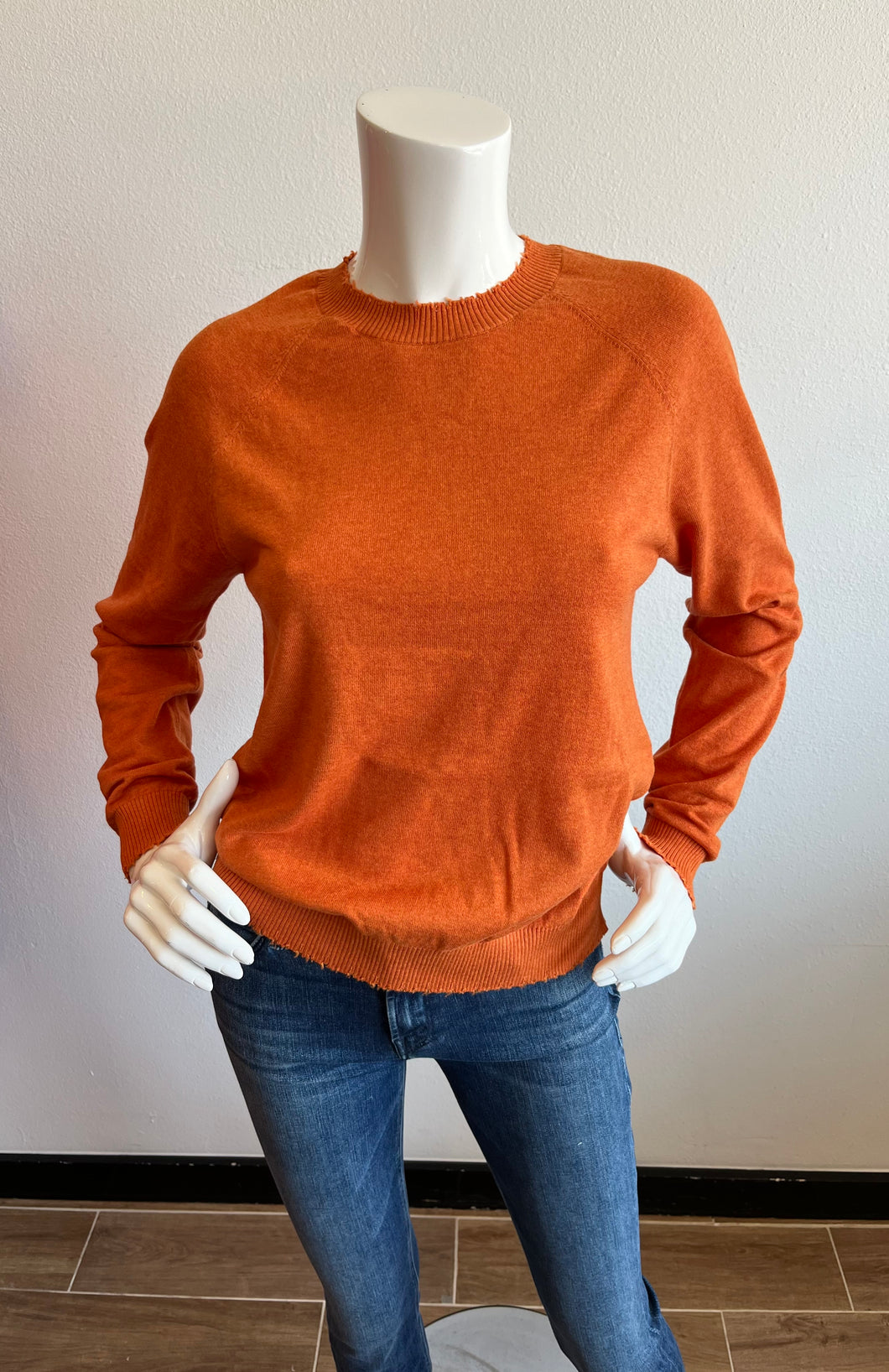 Minnie Rose - Cotton Cashmere Frayed Distressed Crew - Marmalade