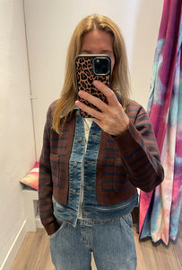J Society Striped  Trim Jean Jacket - Chocolate/Navy