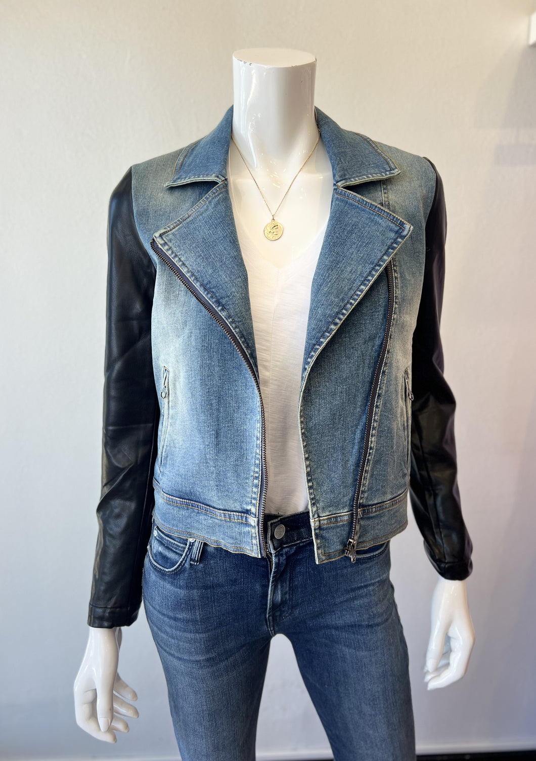 J Society - Denim Jacket With Faux Leather Sleeves - Blue