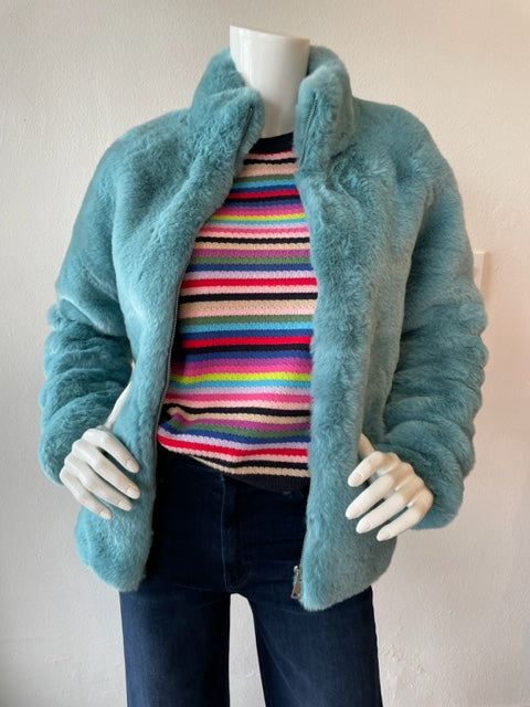Love Token- Faux Fur Zip Jacket- Sky Blue