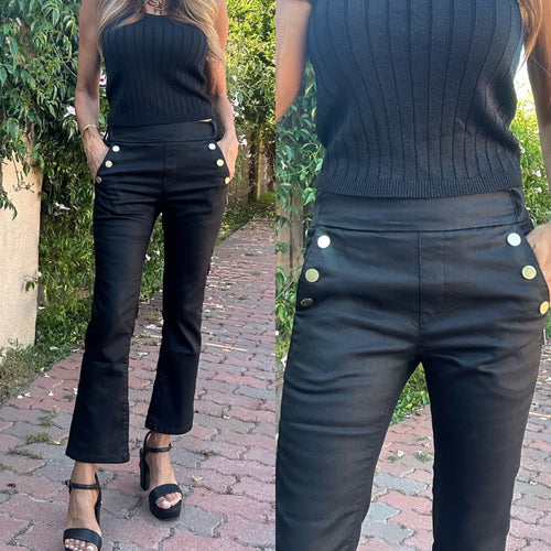 Sofia Button Cropped / Capri  Flog Pants - Black Stripe