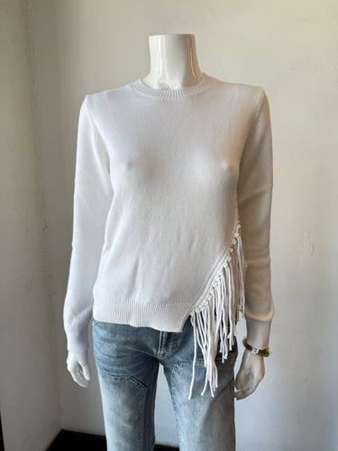 Minnie Rose - Cotton Cashmere Fringe Trim Crew - White