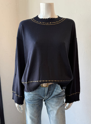 Minnie Rose - Cotton Cashmere Frayed Bell Sleeve Stud Crew - Navy