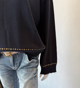Minnie Rose - Cotton Cashmere Frayed Bell Sleeve Stud Crew - Navy