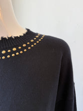 Load image into Gallery viewer, Minnie Rose - Cotton Cashmere Frayed Bell Sleeve Stud Crew - Navy