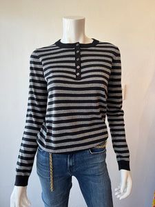 Minnie Rose - Cotton/Cashmere Stripe Crew Henley - Black/Grey