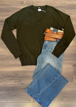 Load image into Gallery viewer, Minnie Rose-Distressed V-Neck Sweater - Army