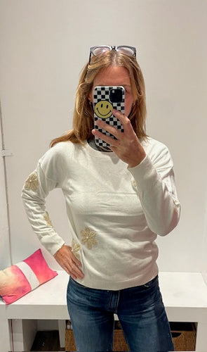 J Society Flower and Pearl Crew Sweater - Pearl