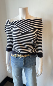 Minnie Rose - Supima Cotton Cashmere Stripe Offf Shoulder - Navy/White