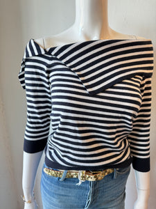 Minnie Rose - Supima Cotton Cashmere Stripe Offf Shoulder - Navy/White