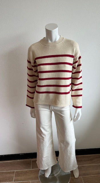 Velvet- Lucia Striped Crewneck Sweater- Cream/Shiraz