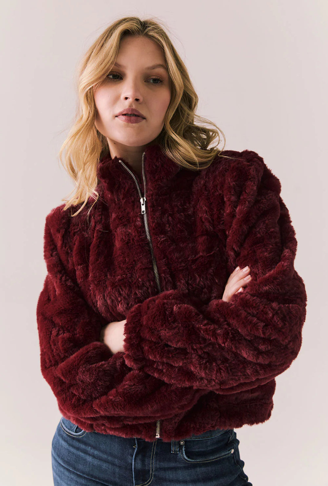 Chaser - Puff Sleeve Faux Fur Jacket - Cabernet