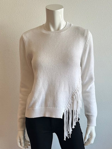 Minnie Rose - Cotton Cashmere Fringe Trim Crew - White