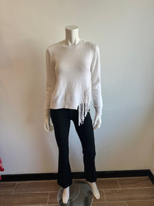 Minnie Rose - Cotton Cashmere Fringe Trim Crew - White