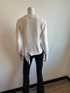 Minnie Rose - Cotton Cashmere Fringe Trim Crew - White