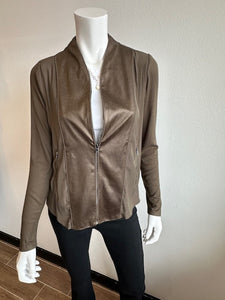 Lola & Sophie- High Neck Metallic Sharkskin Jacket- Olive