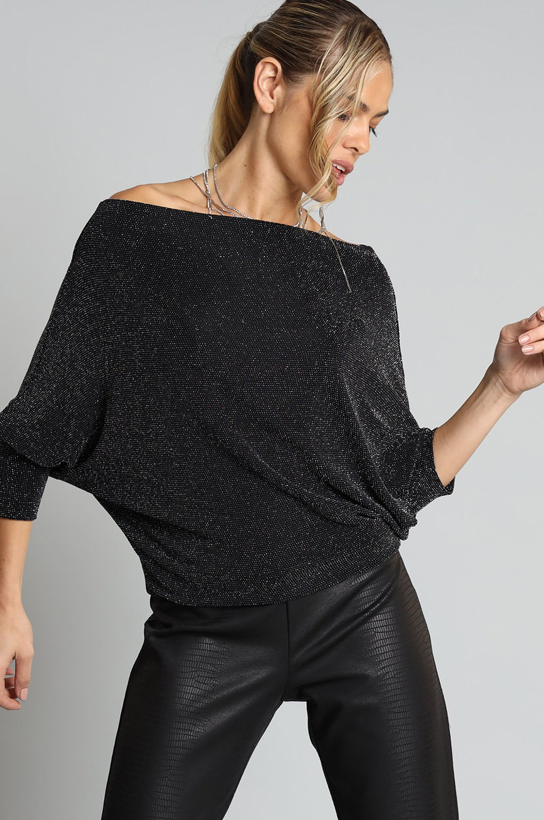 Lola & Sophie- Lurex Jersey Drape Top- Black